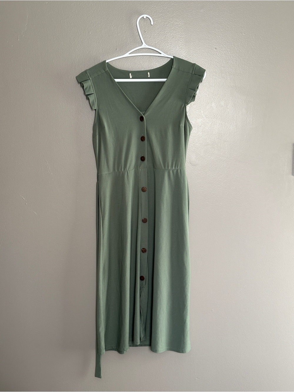 Sleeveless V-Neck Button-Front Sage Green Dress